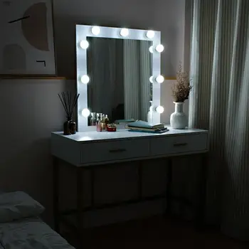 Одиночное зеркало с 2 выдвижными ящиками и лампочками, туалетный столик на стальной раме белого цвета