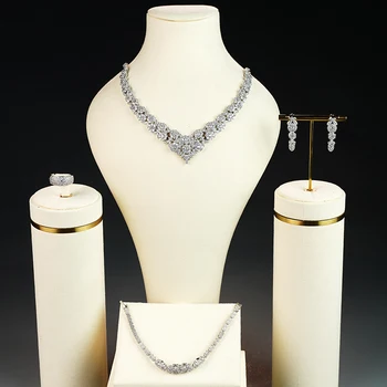 Ожерелье, серьги, Кольцо, браслет, ювелирные аксессуары, набор из четырех предметов, Свадебный комплект украшений для невесты, аксессуары из высококачественного циркона New Pro