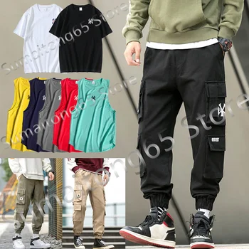 Осенне-зимние мужские брюки-карго в стиле хип-хоп, повседневные брюки с большим карманом, мужские брендовые брюки с принтом, летняя футболка для бега трусцой, майка