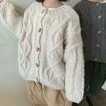 Осень-зима 2022, модный детский свободный кардиган из крученой пряжи, 2 цвета, свитера из грубой пряжи.