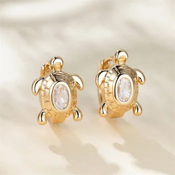 Очаровательные женские серьги-кольца в виде милой черепахи цвета желтого золота, свадебные серьги с белыми кристаллами для женщин