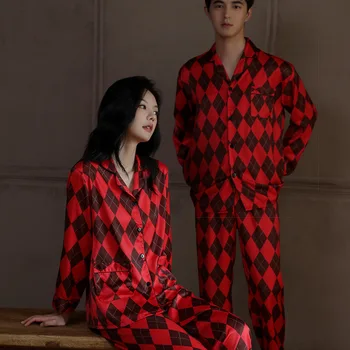 Пара атласных пижам с красным принтом, пижамный комплект из 2 предметов, однобортный топ с длинными рукавами и брючные костюмы