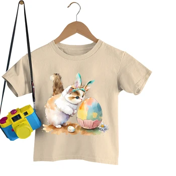 Пасхальные Винтажные футболки Для мальчиков И девочек, Акварельные Пасхальные Яйца, Футболки с Мультяшным Животным Котом, Детская одежда, Детские Пасхальные футболки