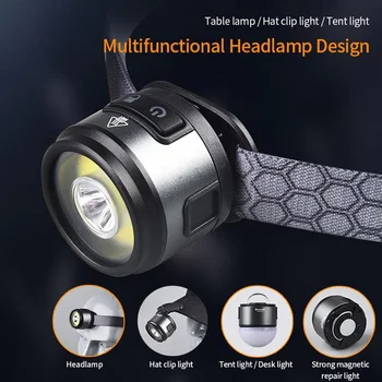 Перезаряжаемый налобный фонарь, многофункциональная фара, USB-фонарик с магнитным крючком, зажим для крышки, головной фонарь, фонарик для бега