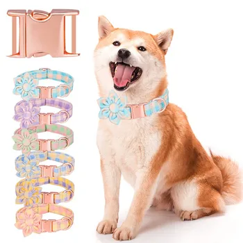 Персонализированные нейлоновые ошейники для собак с металлической пряжкой в виде цветка, ошейники с выгравированным именем щенка, принадлежности для домашних животных, кошек и собак