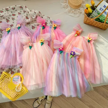Платье-пачка для маленьких девочек с летящими рукавами, многослойное тюлевое платье принцессы для маленьких девочек, летнее пляжное платье для свадебной вечеринки с повязкой на голову