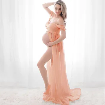 Платья для беременных для фотосессии с открытыми плечами, короткий рукав, сетчатое прозрачное длинное платье с разрезом для беременных, женская одежда для беременных