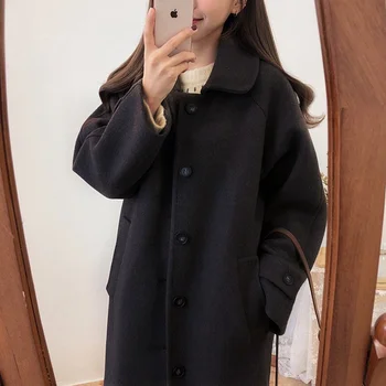 Повседневное шерстяное пальто средней длины, осеннее Корейское черное шерстяное пальто из плотного чистого хлопка, темперамент Qm*