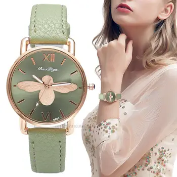 Простой дизайн с маленькими насекомыми Женские часы Винтажные Женские Роскошные наручные часы из зеленой кожи Модные Повседневные женские кварцевые часы