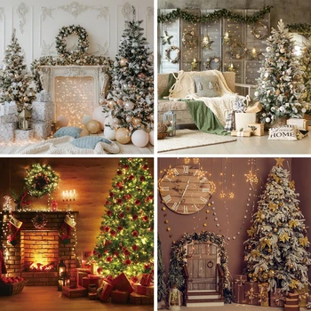 Рождественский фон, украшение дома, Рождественская Елка, Камин в помещении, Фотосессия, Фоны для фотостудии