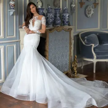 Романтическое свадебное платье Русалки с иллюзией О-образным вырезом, кружевная аппликация, длинные рукава, свадебное платье с многоуровневыми оборками, шлейф, Vestidos De Novia