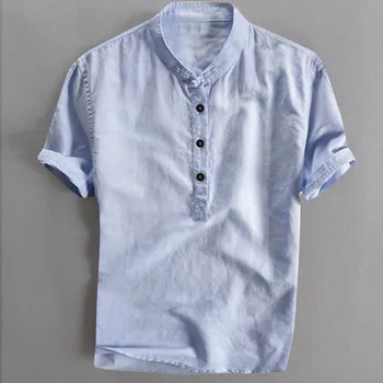 Рубашка Henley, мужские крутые и тонкие дышащие летние рубашки, хлопковая льняная рубашка с воротником-стойкой на пуговицах, Гавайская пляжная одежда, блузка, сорочка