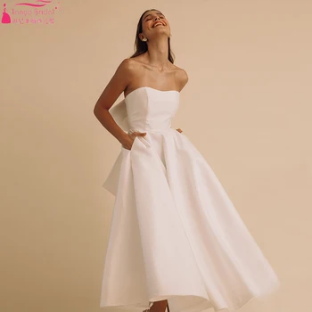 Свадебное платье Миди без бретелек с вырезом в виде сердечка, свадебные платья А-силуэта с бантом сзади. ZW909