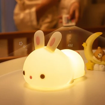 Светодиодные ночники для детей, милый мягкий силиконовый кролик, лампа Bunny, USB-перезаряжаемый сенсорный датчик с дистанционным управлением, 16 цветов