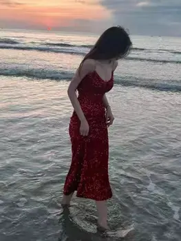 Сексуальное женское платье на подтяжках с красными блестками большого размера, весенне-летнее платье для ежегодных вечеринок senior sense, модная юбка с рыбьим хвостом