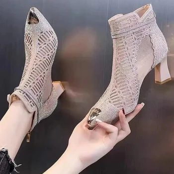 Сексуальное платье, женские туфли на высоком каблуке с острым носком, шикарные ботинки на массивном каблуке, сандалии, летняя мода 2023, дизайнерские туфли-лодочки, женская обувь для вечеринок