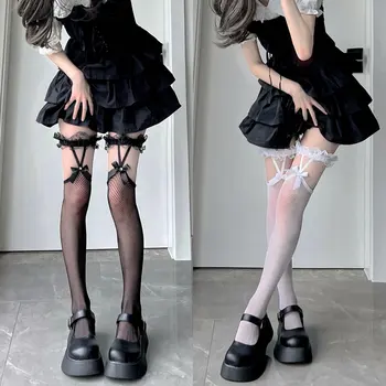 Сексуальные сетчатые чулки до бедра в сеточку, Длинные носки JK Lolita Girl, Чулки В японском стиле, чулки до колена с кружевными подтяжками и бантом.