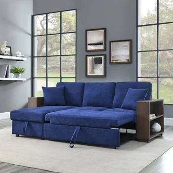 Секционный диван с выдвижной кроватью, диван на 2 места и раскладной шезлонг с местом для хранения, подлокотник с полкой из МДФ, две подушки, темно-синий