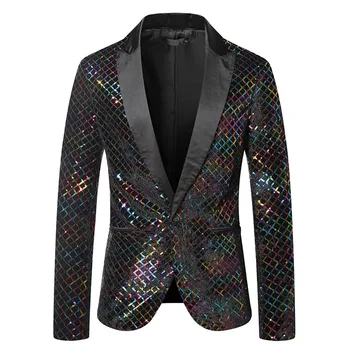 Серебристый костюм в клетку с блестками, пиджак, блейзер, мужской бренд, приталенные блейзеры на одной пуговице, мужской костюм для вечеринки, костюм певца Homme