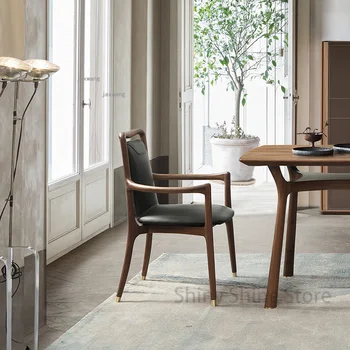 Скандинавский кожаный стул для гостиной из массива дерева, Современный минималистичный стул для спальни со спинкой для ресторана, мебель для дома, стулья