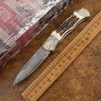 Складной нож из дамасской стали с лезвием из белой меди + ручка из оленьего рога складной открытый тактический инструмент для выживания и самообороны охотничий инструмент нож