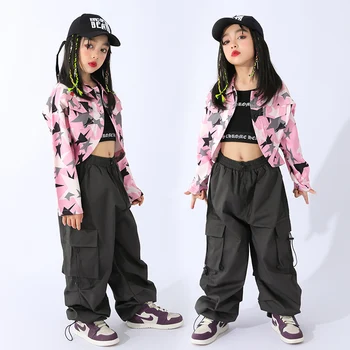Современная танцевальная одежда для детей, розовое укороченное пальто, свободные брюки-карго, одежда для девочек в стиле Kpop, джаз, уличные танцы, костюм в стиле хип-хоп, одежда для рейва.
