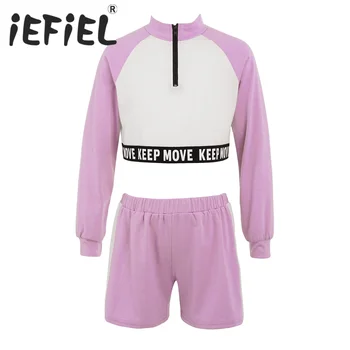 Спортивный костюм для девочек, гимнастические тренировки, Уличная одежда для танцев в стиле хип-хоп, укороченный топ на молнии, толстовка с шортами, комплект