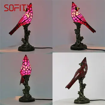 Стеклянная настольная лампа SOFITY Tiffany, винтажная светодиодная креативная настольная лампа Red Bird, Настольное освещение для домашнего кабинета, Прикроватный декор для спальни