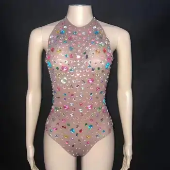 Танцевальный костюм леди-певицы из ночного клуба, эластичное трико, сценическая одежда, сексуальное сетчатое Многоцветное боди со стразами и кристаллами.