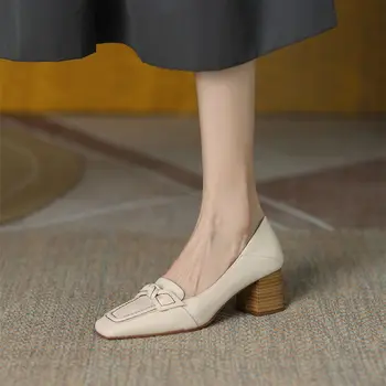 туфли женские Женская обувь с квадратным галстуком-бабочкой, весна 2023, новинка, мелкий вырез, Толстые каблуки, Обувь на высоком каблуке в стиле ретро, модная женская обувь