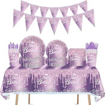 Фиолетовая Бриллиантовая корона тема с Днем Рождения Одноразовая Посуда Салфетки Тарелки Чашки баннер баллоны украшение свадьбы для взрослых