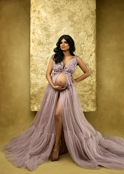 Фиолетовые платья для беременных для Babyshower с V-образным вырезом и разрезом спереди, платье для беременных для фотосессии, халат, ночное белье, ночная сорочка