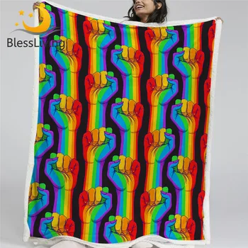 Флисовое одеяло BlessLiving Fist Sherpa, радужное одеяло, полосатое плюшевое одеяло Koce в реалистичном стиле, красочное пушистое одеяло