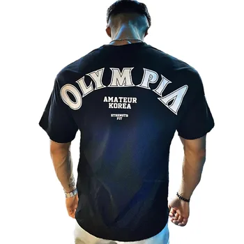 Хлопковая спортивная рубашка OLYMPIA, спортивная футболка для мужчин, рубашка для бега с коротким рукавом, мужские тренировочные футболки для фитнеса, свободные, большой размер M-XXXL