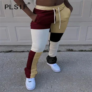Цветные женские узкие брюки в стиле пэчворк с завязками, Длинные брюки, Женские Сексуальные спортивные брюки для бега трусцой