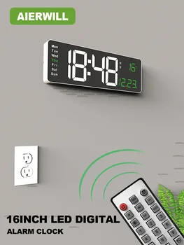 Цифровые настенные часы Aierwill N6 16-дюймовый Большой будильник с дистанционным управлением Дата Неделя Температура Часы с двумя будильниками Часы со светодиодным дисплеем