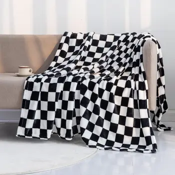 Черно-белое сетчатое одеяло, постельное белье с геометрическим рисунком в клетку, легкое теплое одеяло, пушистое мягкое для кровати, дивана, домашнего декора
