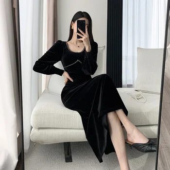Черное бархатное платье для женщин, осень 2023, новое Длинное платье во французском стиле с запахом на талии в стиле Хепберн