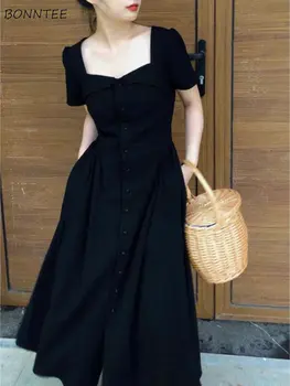 Черное элегантное женское платье в минималистичном стиле, летнее, с коротким рукавом, Офисное, женское, Нежное, милое, винтажное, с квадратным воротником, с шикарным дизайном Mujer OOTD