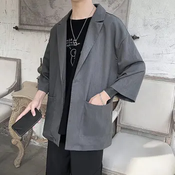 Черный пиджак с коротким рукавом, мужская одежда, Весна-лето, свободный повседневный ветрозащитный серый блейзер Terno Masculino с карманом на одной пуговице.