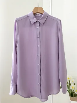 Шелковый 100% светло-фиолетовый топ-рубашка Ol с длинным рукавом и отворотом от 7Evening - новинка женской рубашки 2021 года