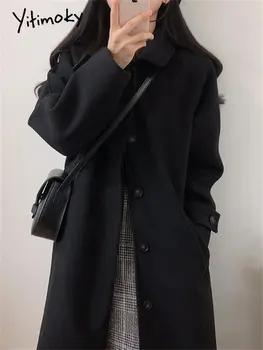 Шерстяная верхняя одежда Yitimoky для женщин Осень Зима 2022 Новая верхняя одежда Однобортные куртки с отложным воротником Корейские черные пальто