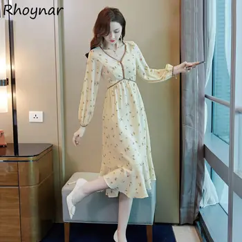 Шифоновое платье с цветочным рисунком, женское осеннее новое платье в корейском стиле, свободное, повседневное, до середины икры, простое, универсальное, модное, удобное, Популярная эстетика