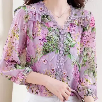Шифоновые однобортные блузки с рукавами 3/4, рубашки для женщин, осень 2023, Новый модный кружевной топ в стиле пэчворк с V-образным вырезом