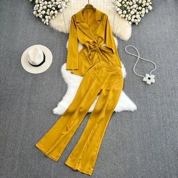 Элегантная пижама, женские комплекты из двух предметов, Свободные топы с длинными рукавами, расклешенные брюки, костюмы, пижама 2023, Повседневная женская одежда, спортивный костюм