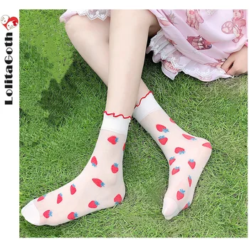 Японские Милые Клубничные носки Тонкие носки-трубочки Lolita Kawaii Хрустальные Ледяные Шелковые чулки Кружевные Белые однотонные женские носки