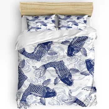 Японский стиль Blue Carp Waves Пододеяльник Комплект постельного белья из 3шт домашнего текстиля, Пододеяльник, Наволочки, Комплект постельного белья для спальни, без простыни