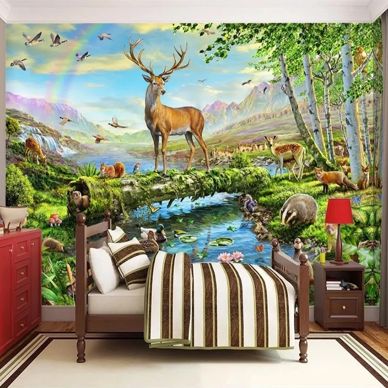 Пользовательские настенные обои 3D Олень Речное животное Лесной пейзаж Фото Настенная живопись Фон детской комнаты Настенная бумага для рисования 0