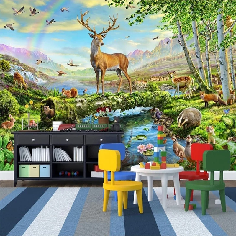 Пользовательские настенные обои 3D Олень Речное животное Лесной пейзаж Фото Настенная живопись Фон детской комнаты Настенная бумага для рисования 1