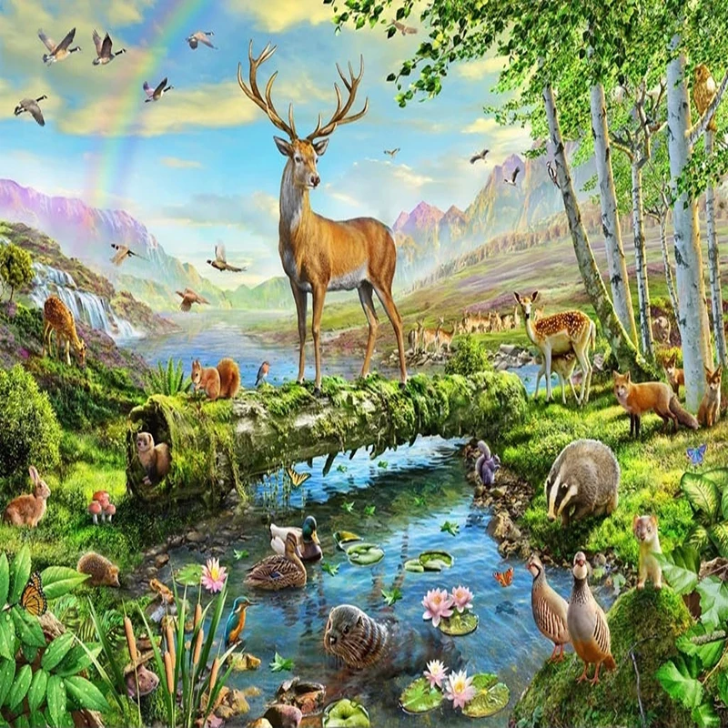 Пользовательские настенные обои 3D Олень Речное животное Лесной пейзаж Фото Настенная живопись Фон детской комнаты Настенная бумага для рисования 3